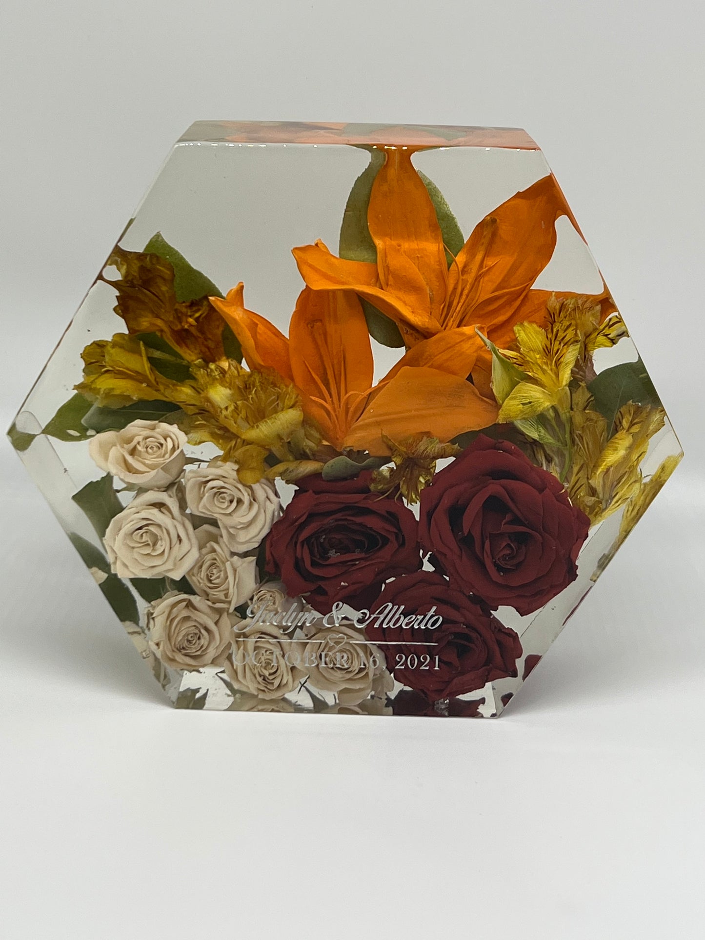 flower preservation resin block hexagon engraved