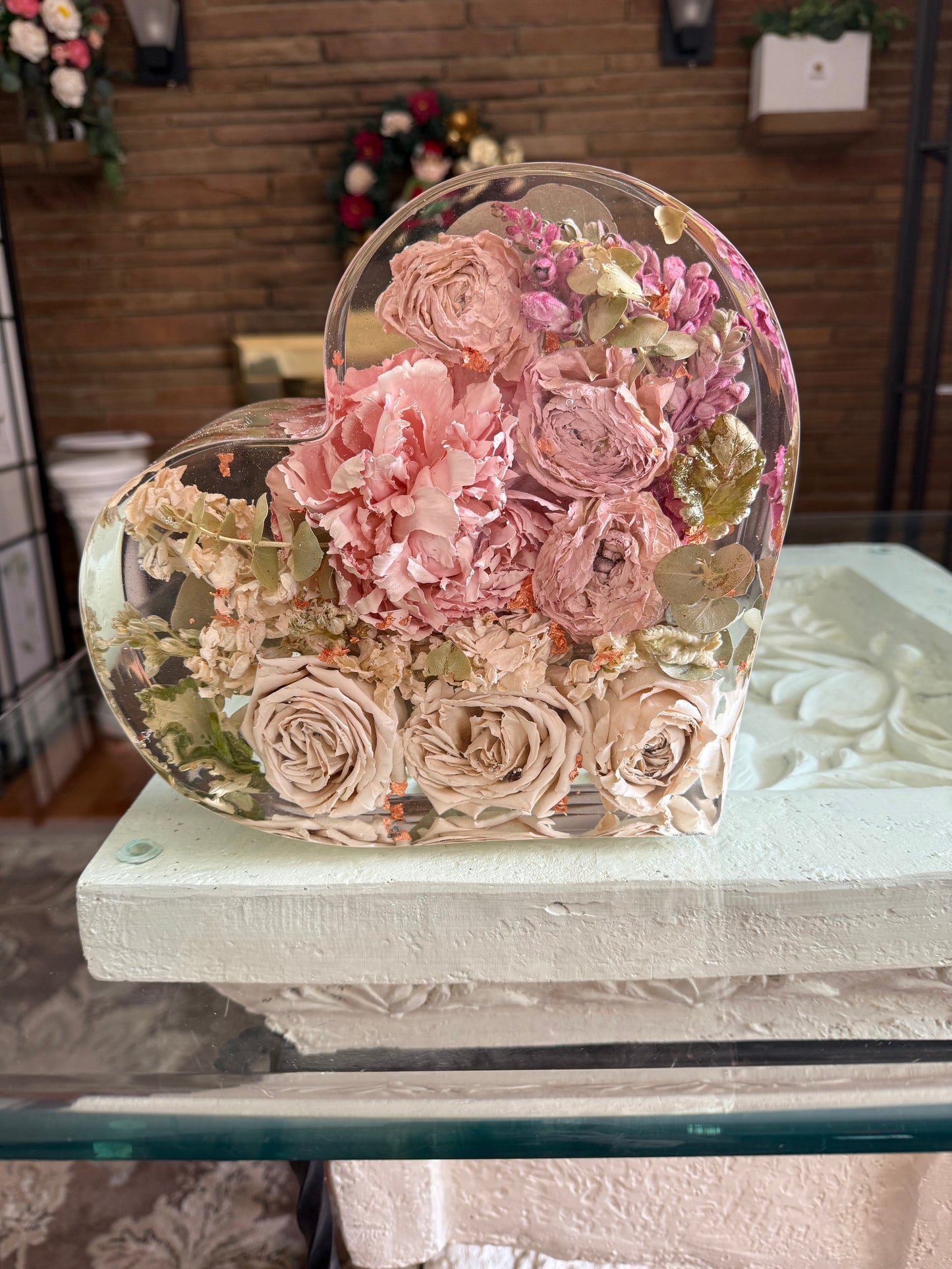 9" Heart Resin Flower Block Wedding & Memorial Flower Preservation