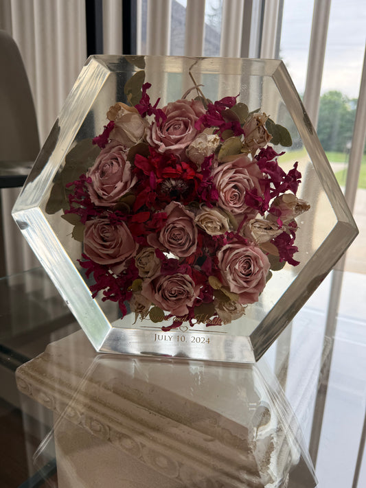 dried flower preserved resin hexagon black tabletop display