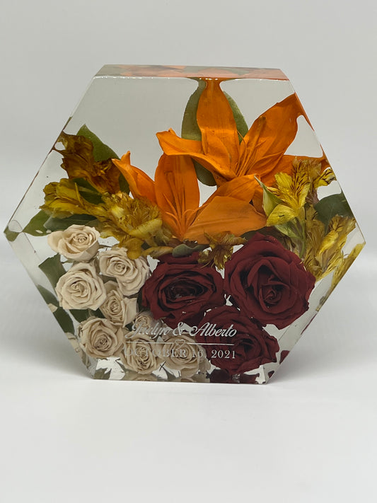 flower preservation resin block hexagon engraved