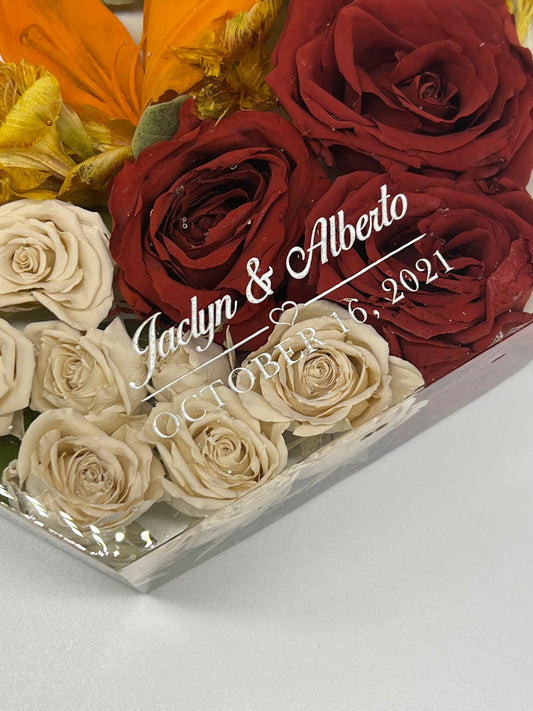 Engraved preserved bouquet keepsake resin block 